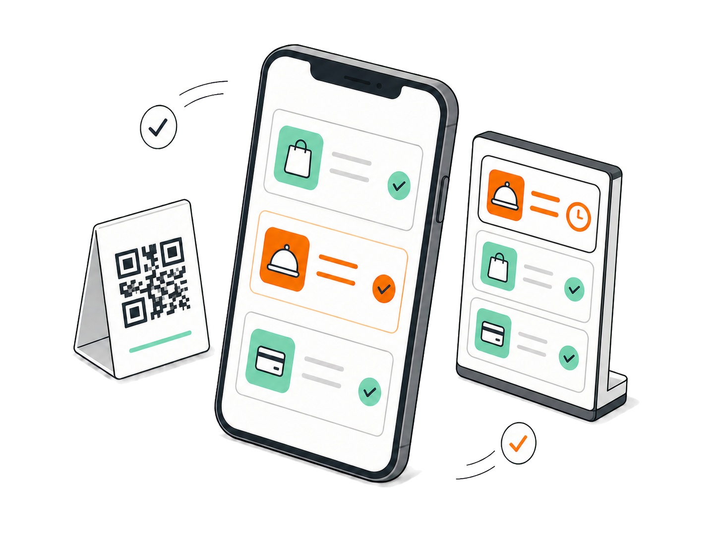 Smartphone, QR-Aufsteller und Küchen-Display mit abgeschlossenen Bestellungen